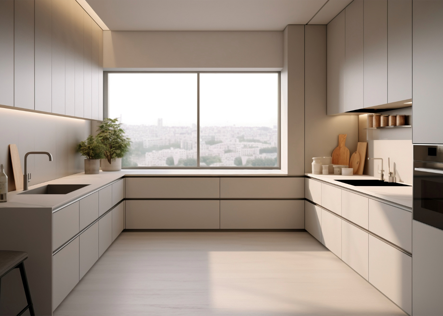 Modern modular kitchen in Mangalore by popular interior designers, featuring sleek cabinets and a city view.